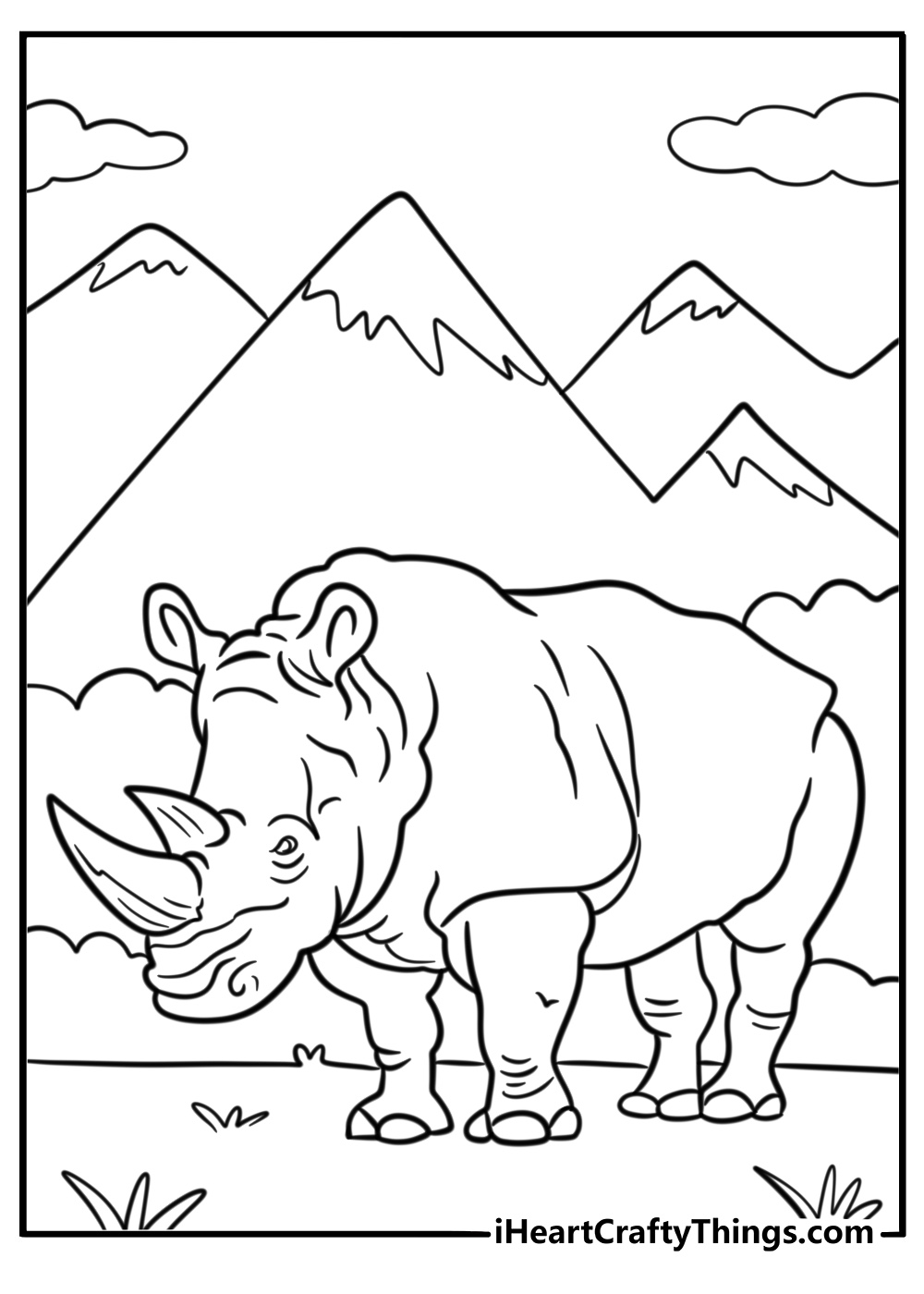 Rhino standing in front of mountains free coloring sheet