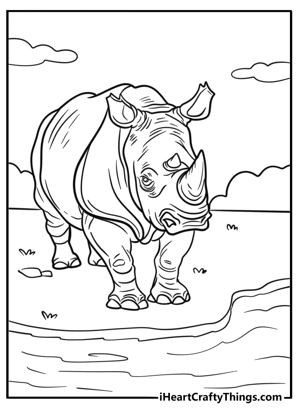 Rhino standing near a watering hole free coloring page