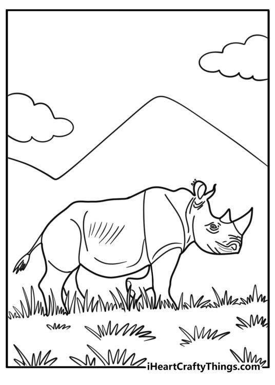 Rhino walking through the savannah detailed coloring sheet