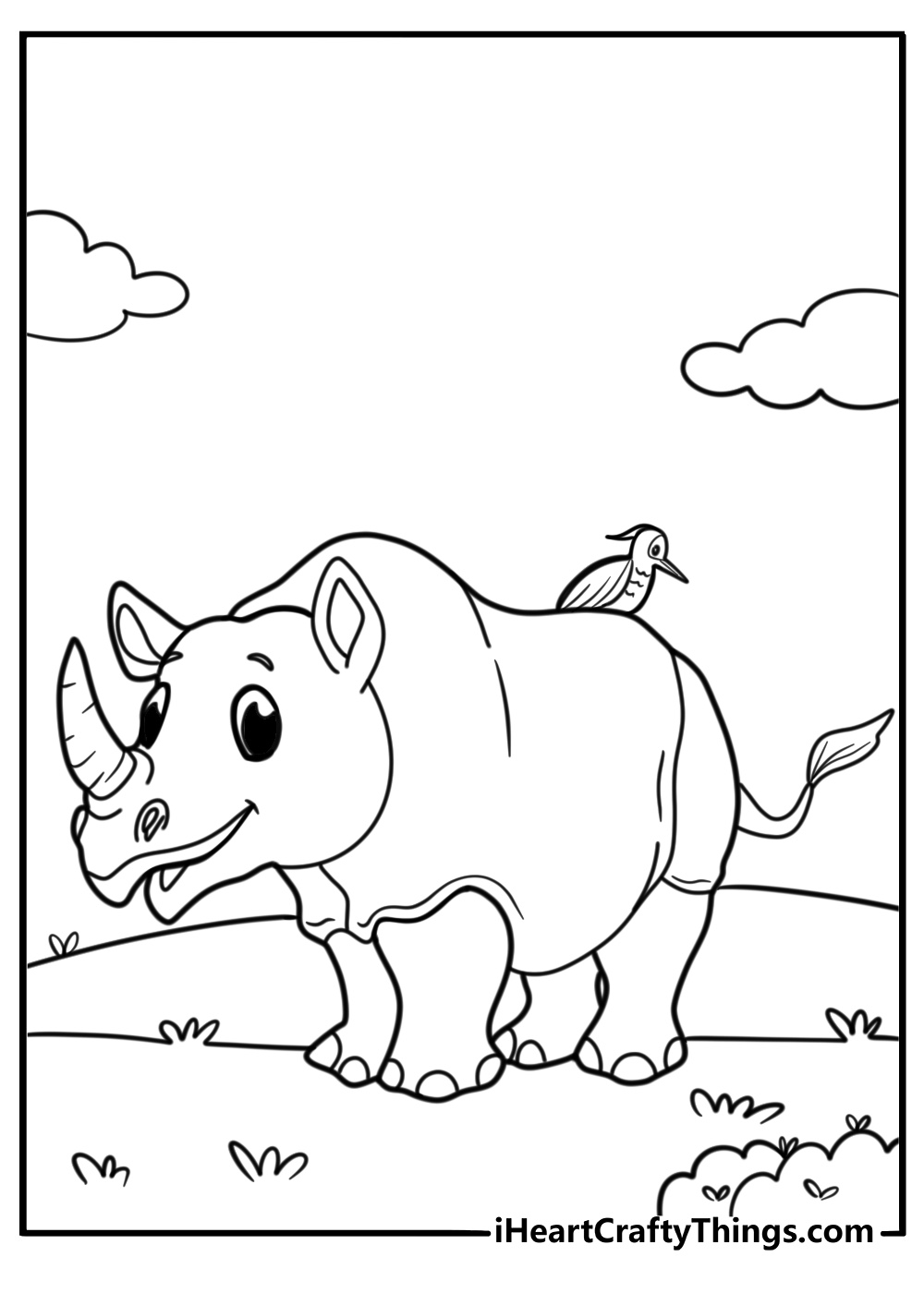 Rhino with a bird on its back detailed coloring sheet