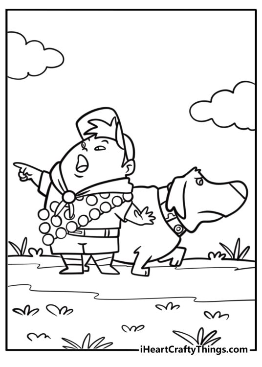 Russell and dug playing together coloring page for kids