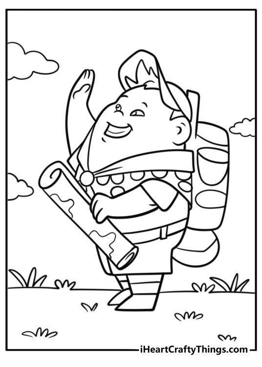 Russell holding a map detailed up coloring sheet