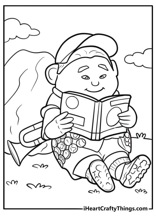 Russell holding his adventure book printable coloring sheet