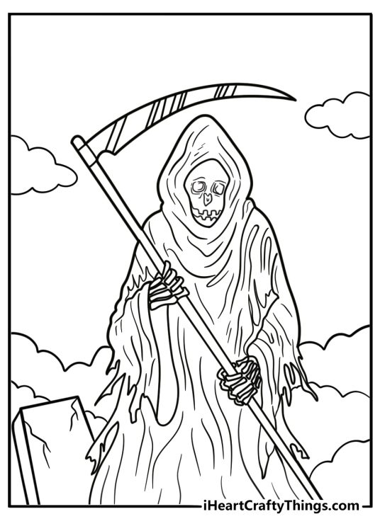 Scary grim reaper with a hood detailed coloring sheet