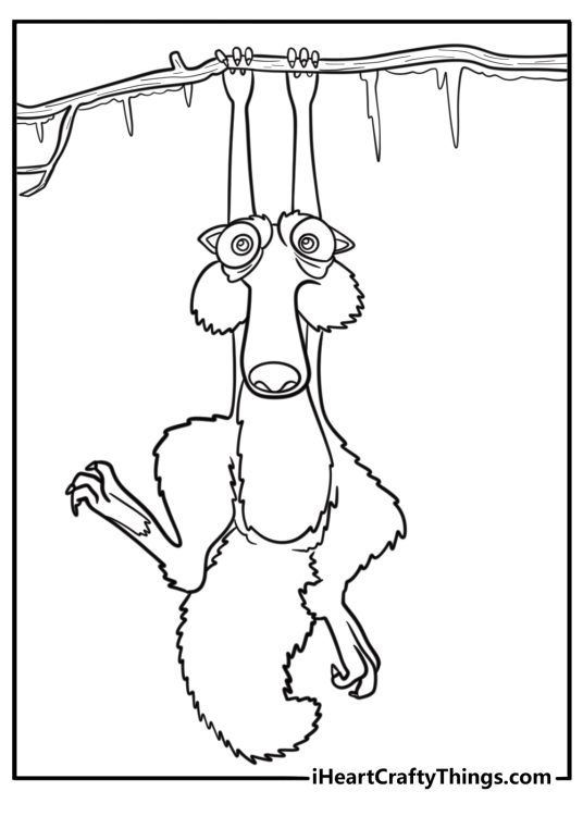 Scrat hanging from an icy branch detailed coloring sheet