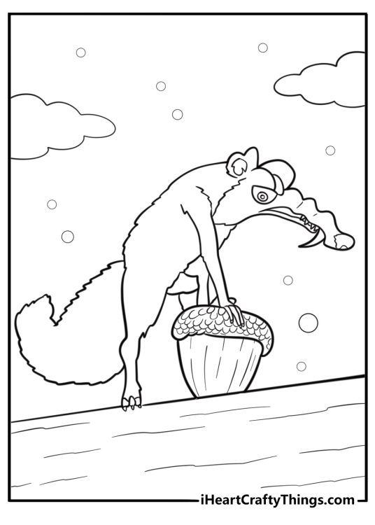 Scrat trying to crack open his acorn detailed coloring sheet
