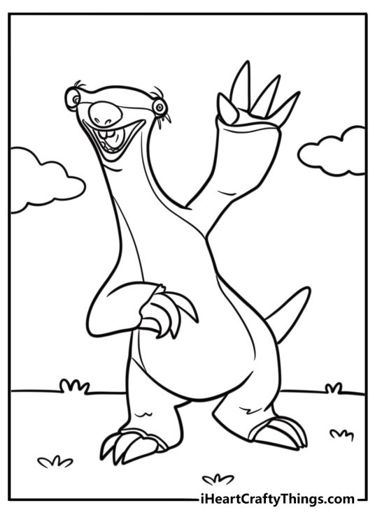Sid the sloth smiling and waving coloring page for kids
