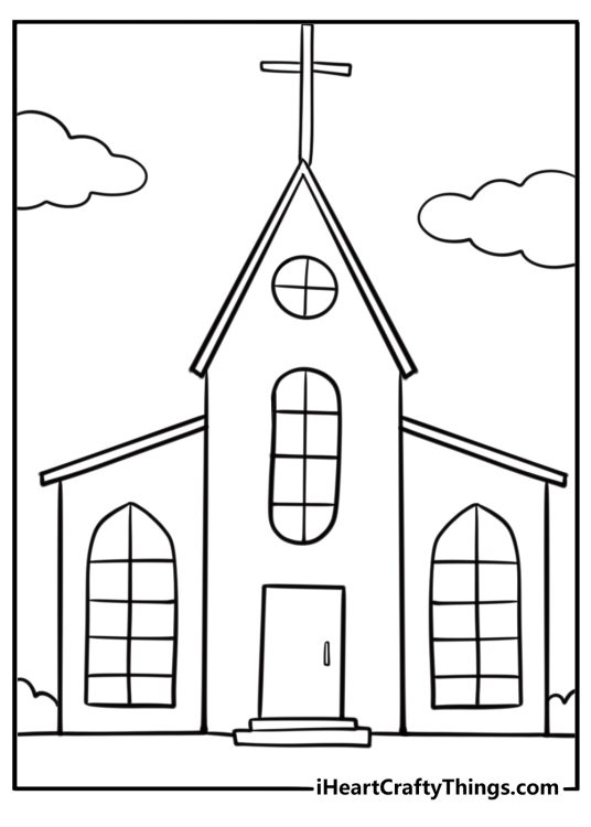 Simple church building with a cross coloring page for kids