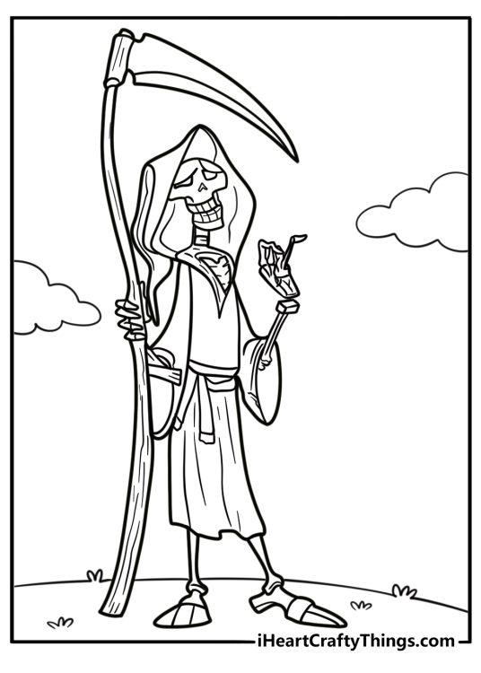 Skeleton grim reaper holding a scythe coloring page for kids
