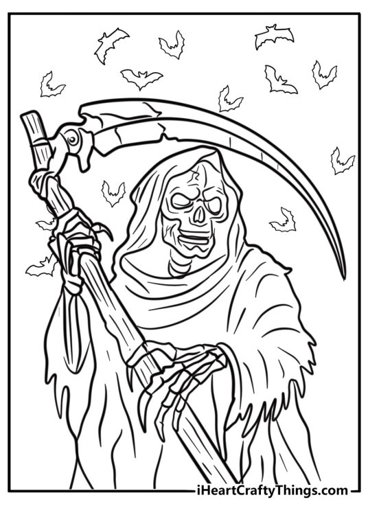 Skeleton grim reaper with a cracked skull coloring page