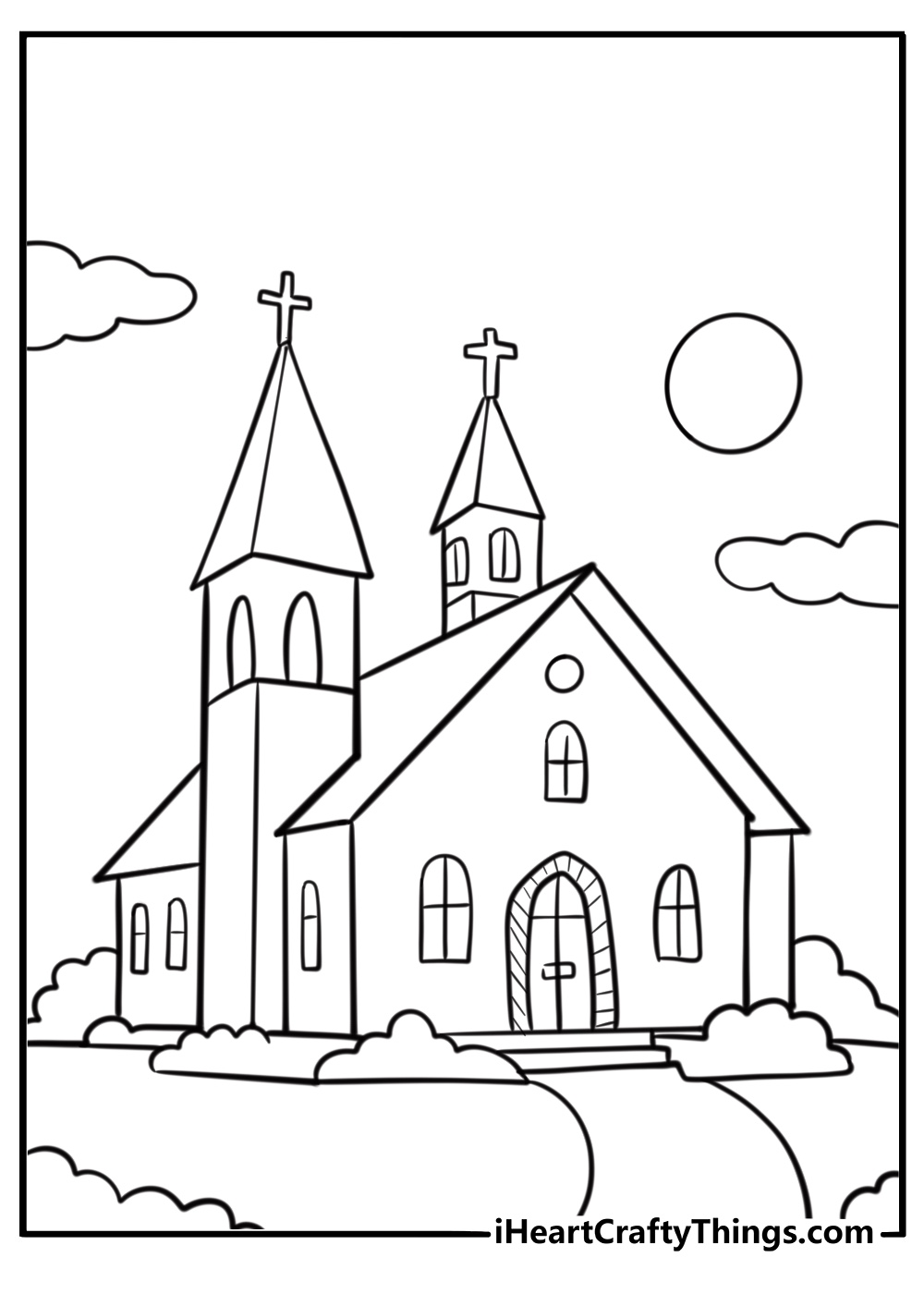 Small country church in a peaceful field fun printable coloring sheet