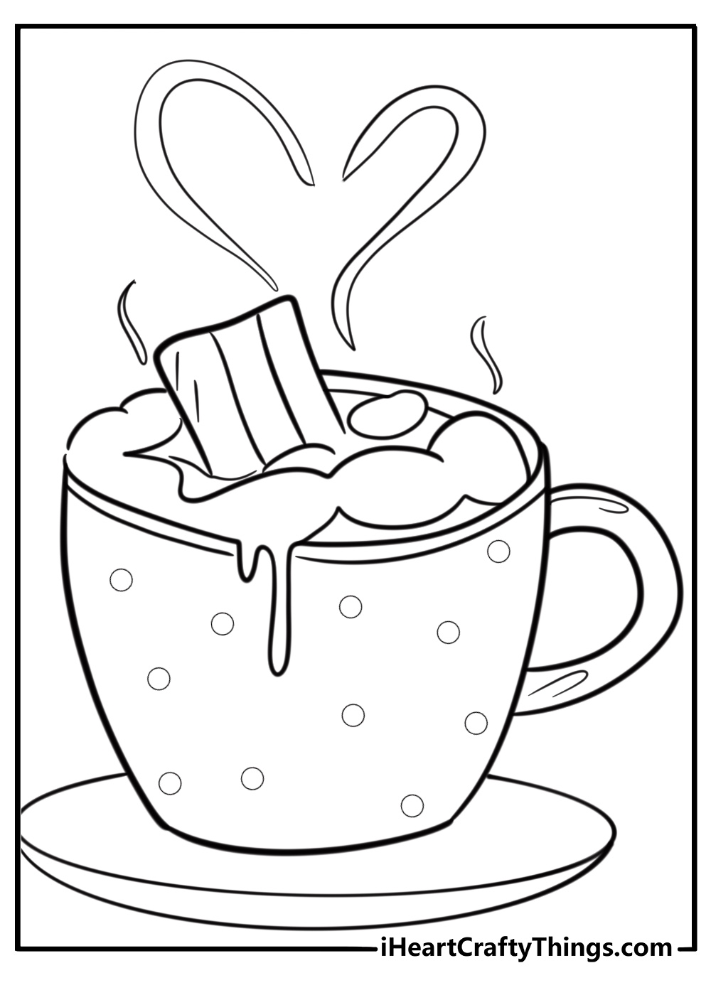 Smiling hot chocolate mug with heart-shaped steam coloring page