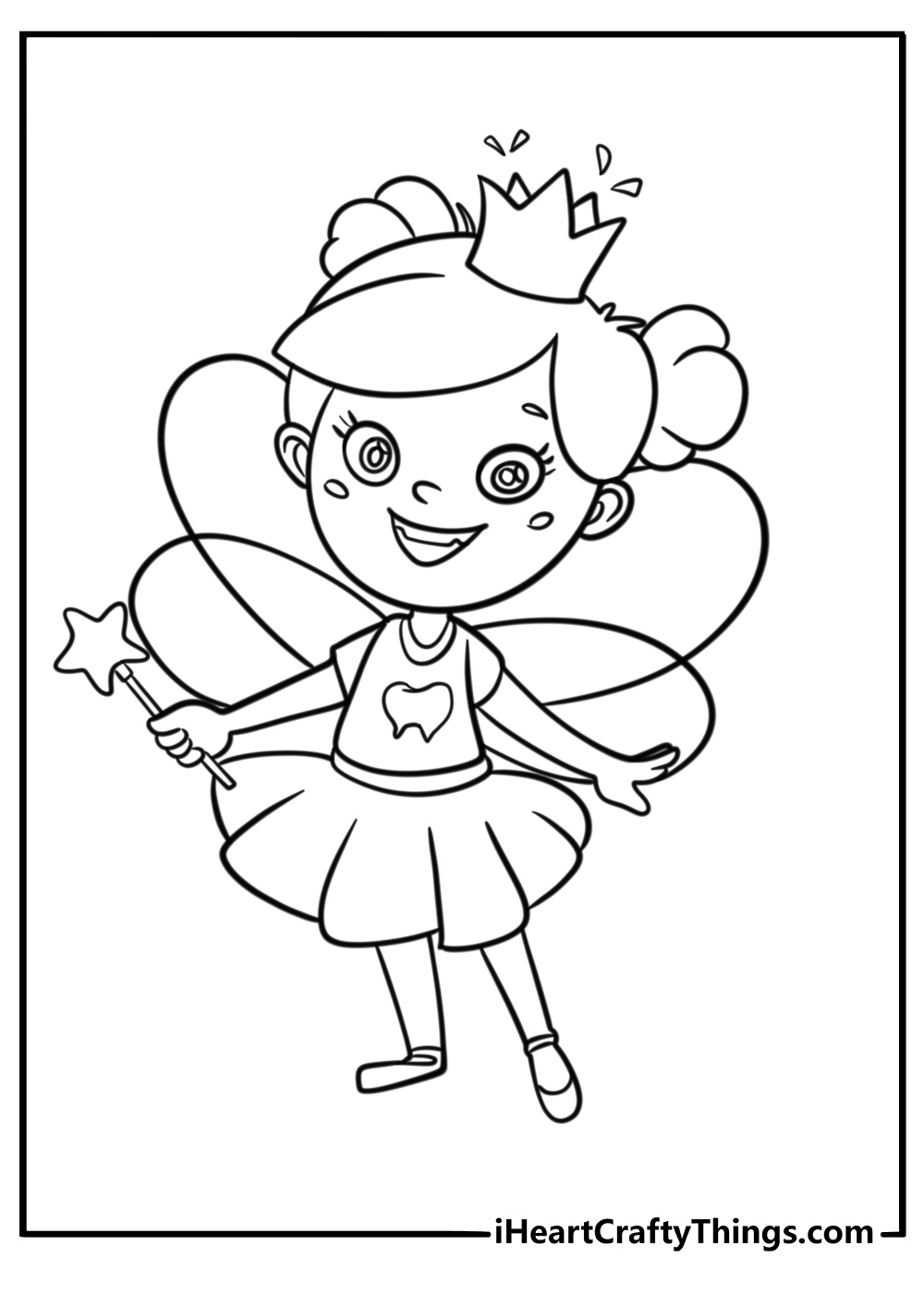 Smiling tooth fairy with a tiny crown detailed coloring sheet