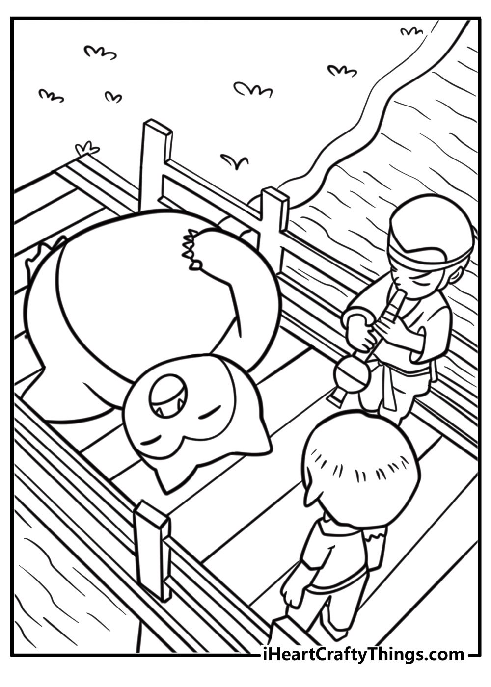 Snorlax and a trainer using a Poké Flute free coloring page