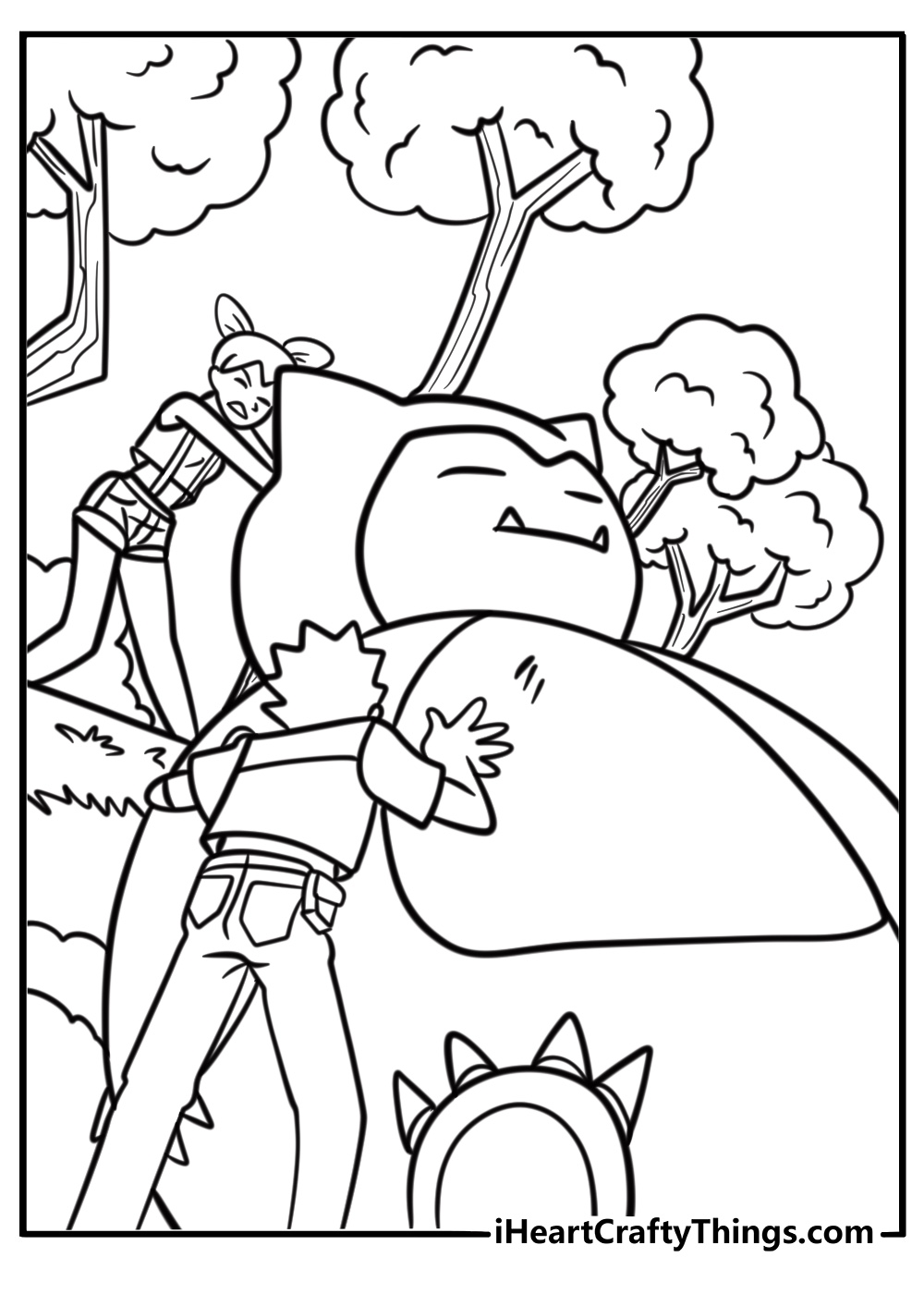 Snorlax and trainer trying to wake it up coloring page