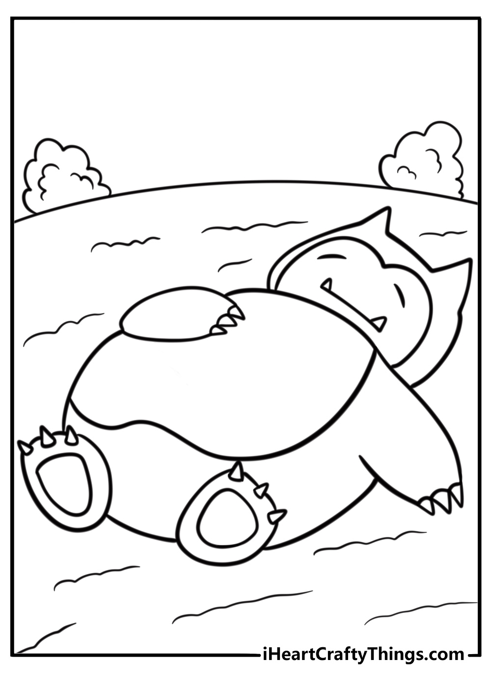 Snorlax relaxing in a grassy field fun coloring sheet