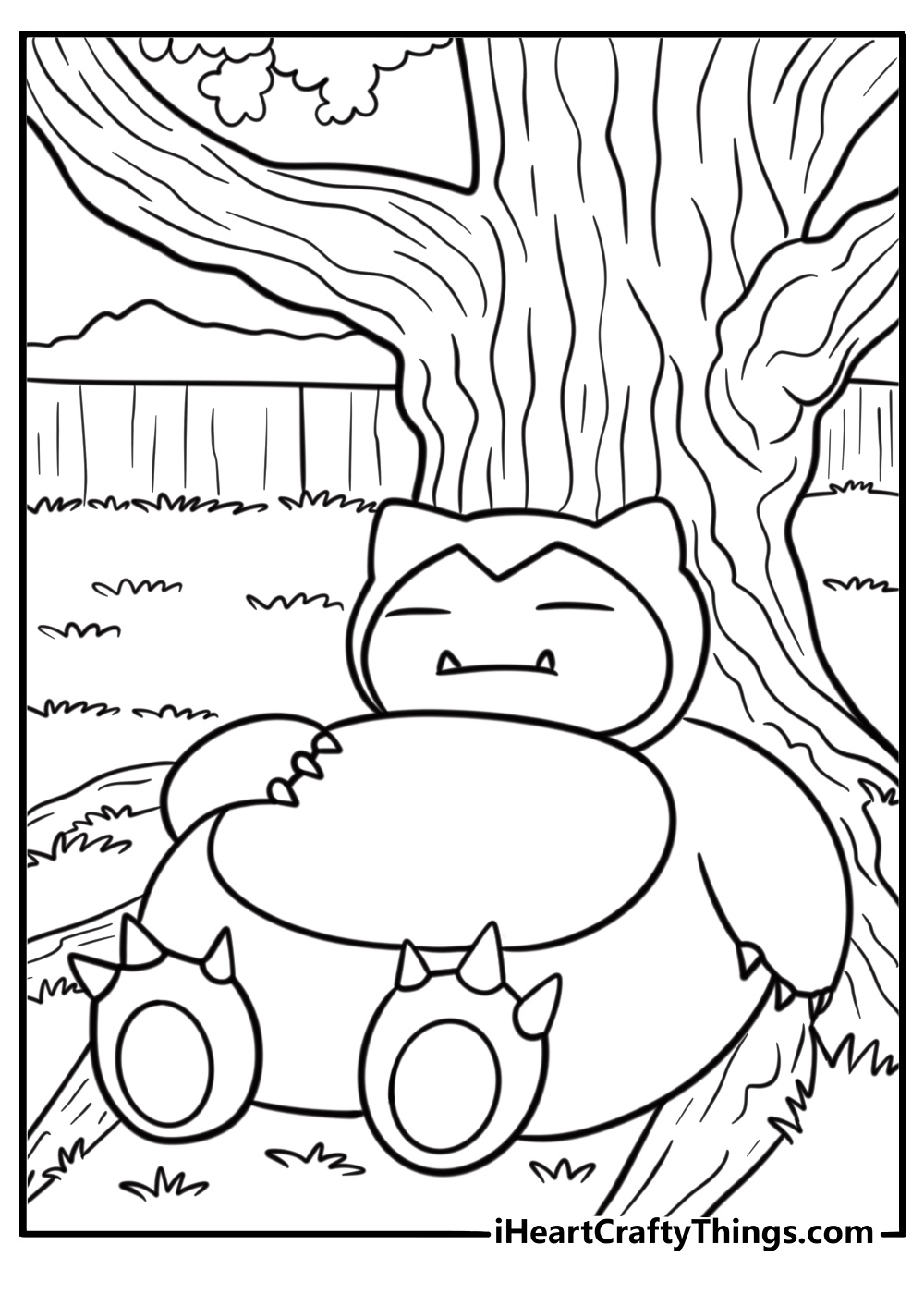 Snorlax relaxing under a tree free coloring page pdf