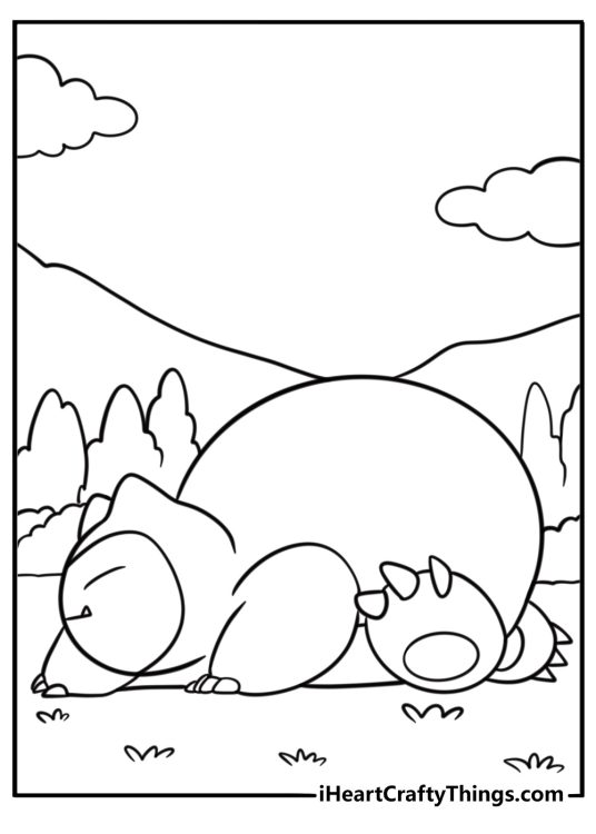 Snorlax rolling over on the ground detailed coloring sheet