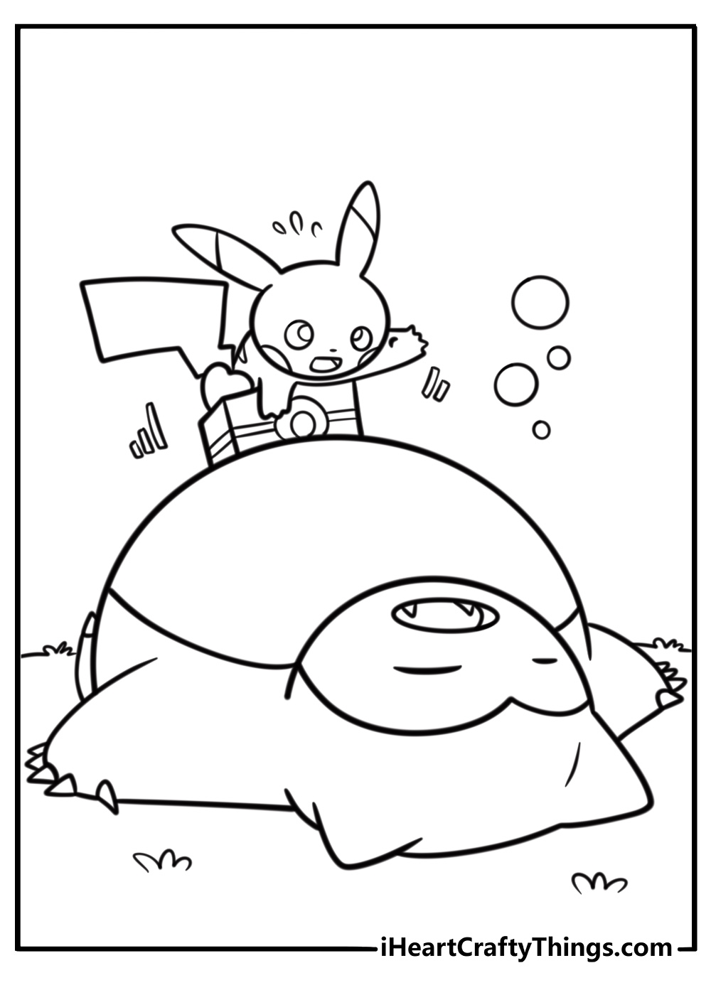 Snorlax with Pikachu sitting on its belly coloring page