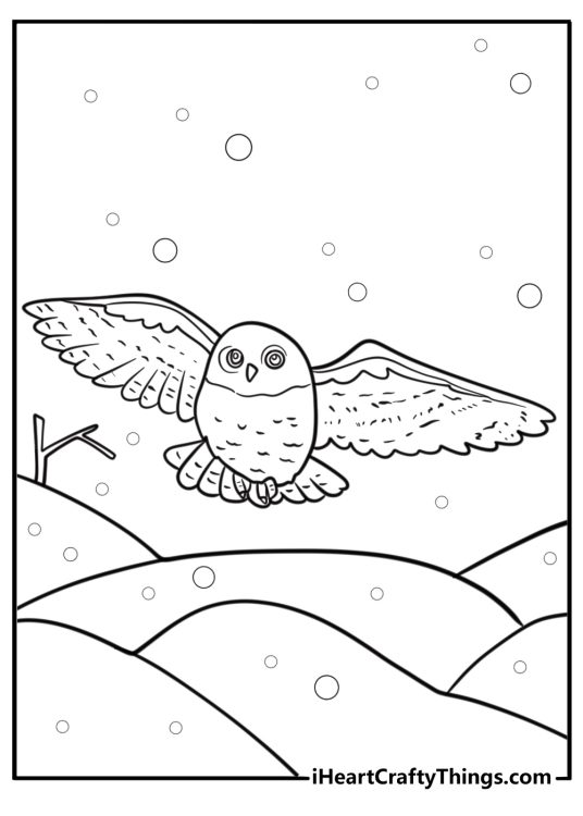 Snowy owl flying over the arctic detailed coloring page
