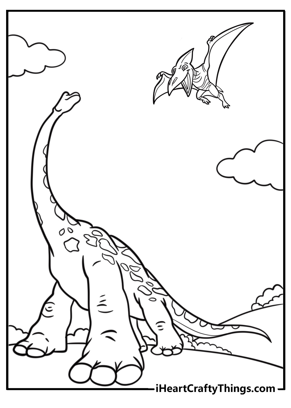 Stegosaurus and pterodactyls flying above detailed coloring sheet