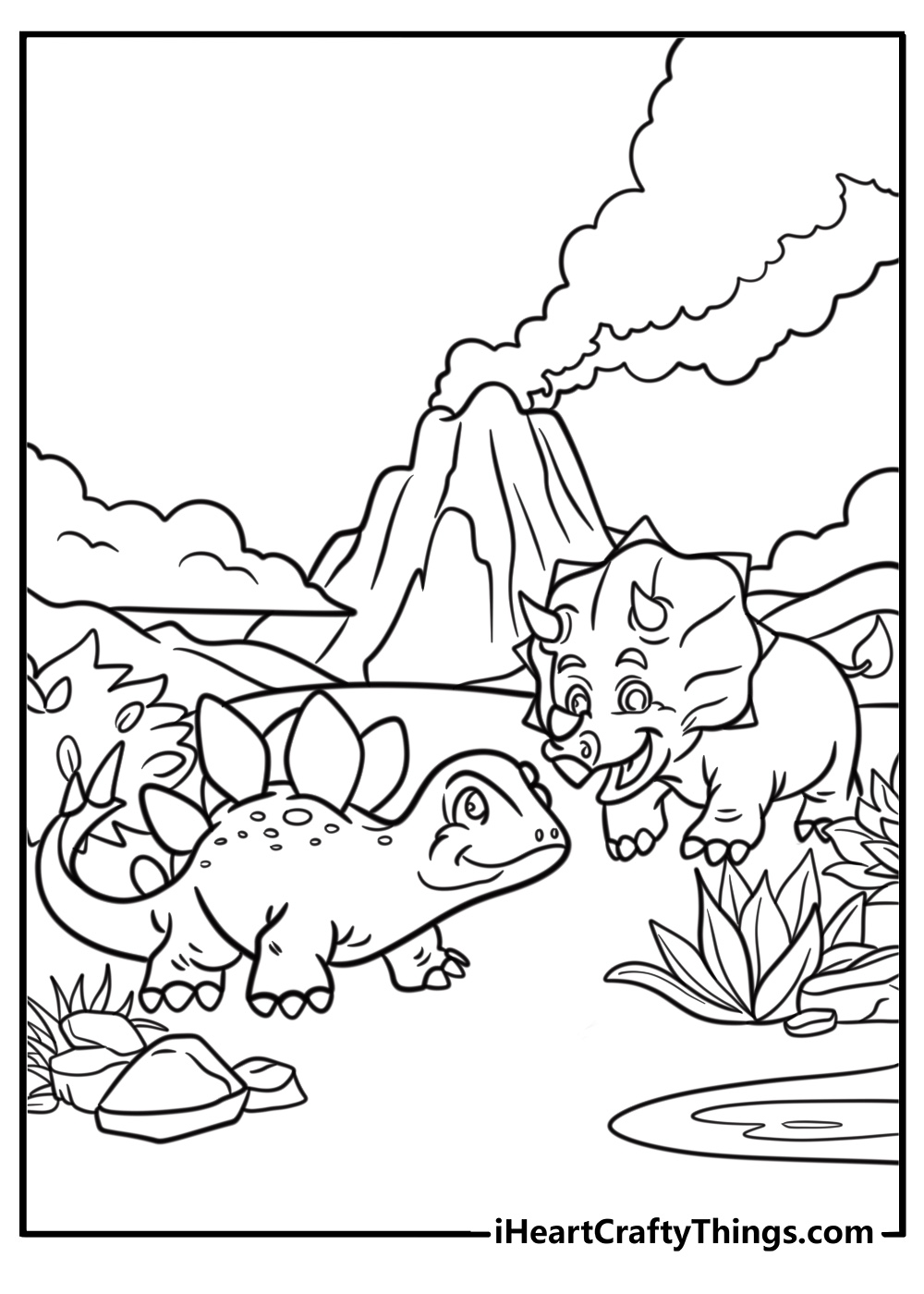 Stegosaurus and triceratops together free coloring page pdf