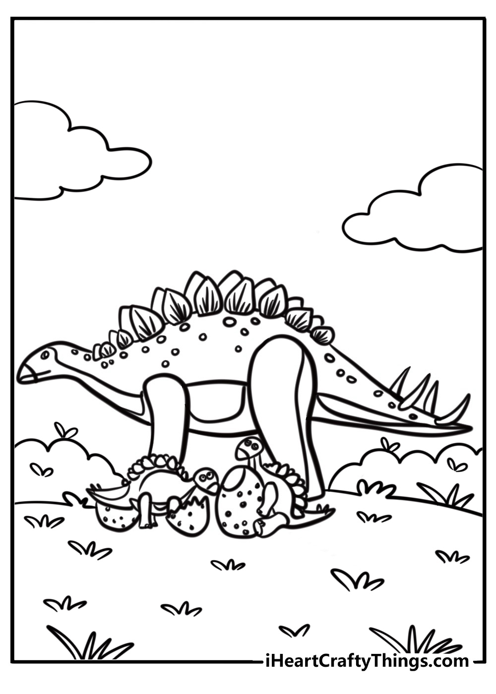 Stegosaurus family with baby stegosaurus fun coloring sheet