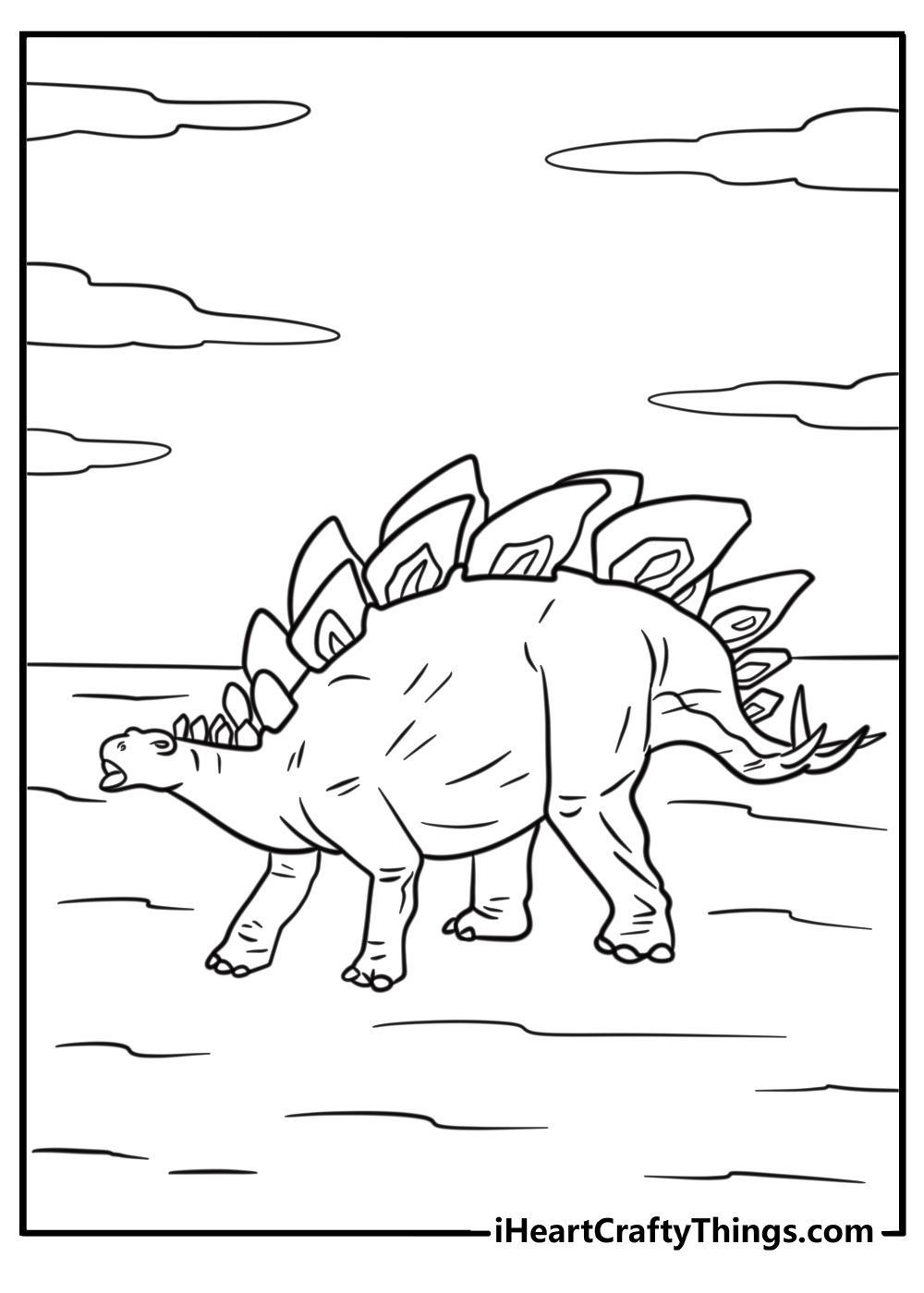 Stegosaurus grazing in a prehistoric landscape fun coloring sheet