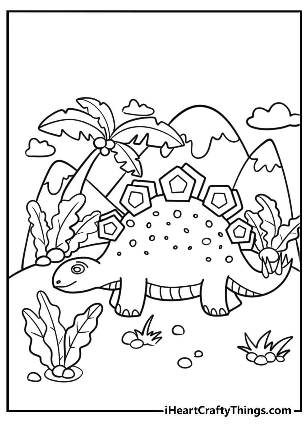 Stegosaurus herd walking through a valley detailed coloring sheet