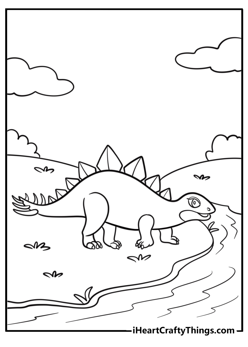 Stegosaurus next to a river fun printable coloring sheet