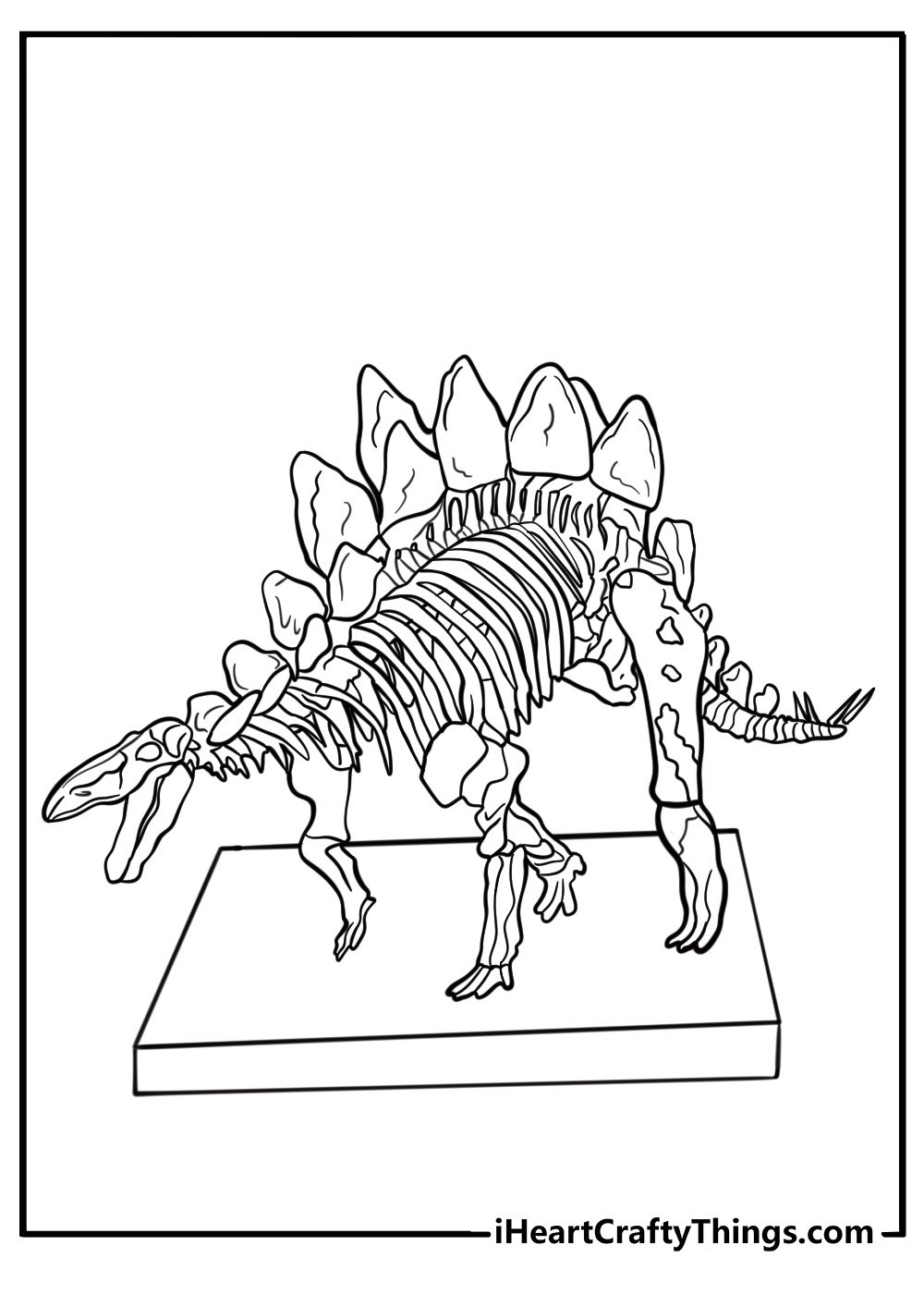 Stegosaurus skeleton in a museum printable coloring sheet