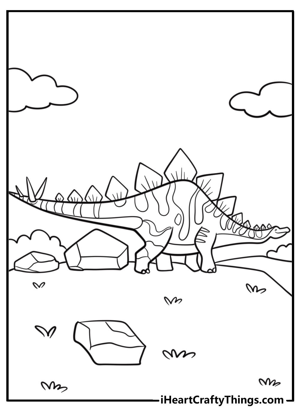 Stegosaurus standing on a rocky hill free coloring page pdf