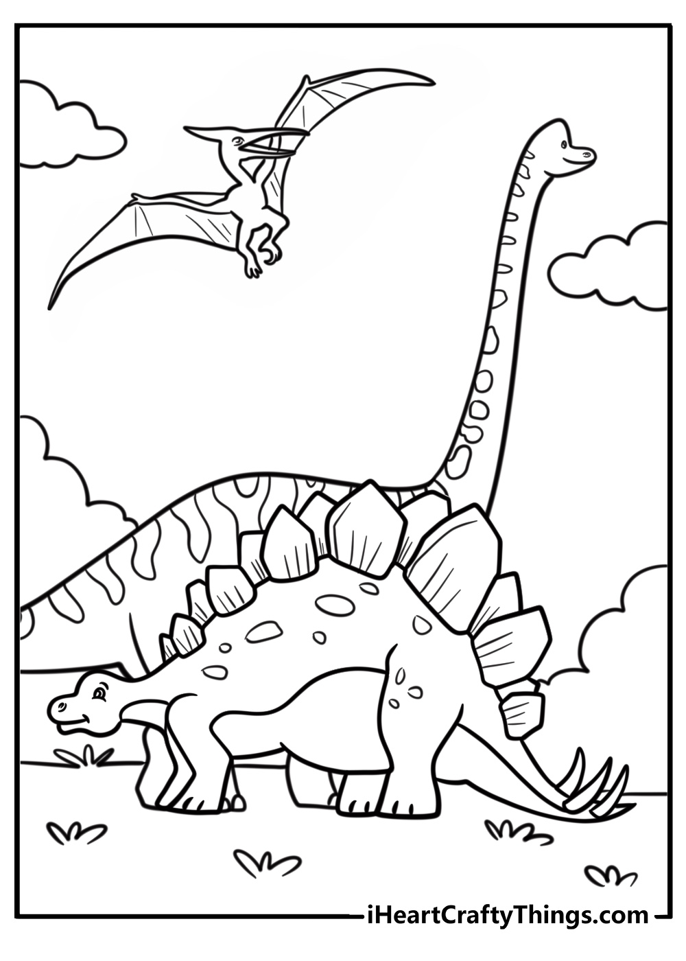 Stegosaurus surrounded by other dinosaurs detailed coloring sheet