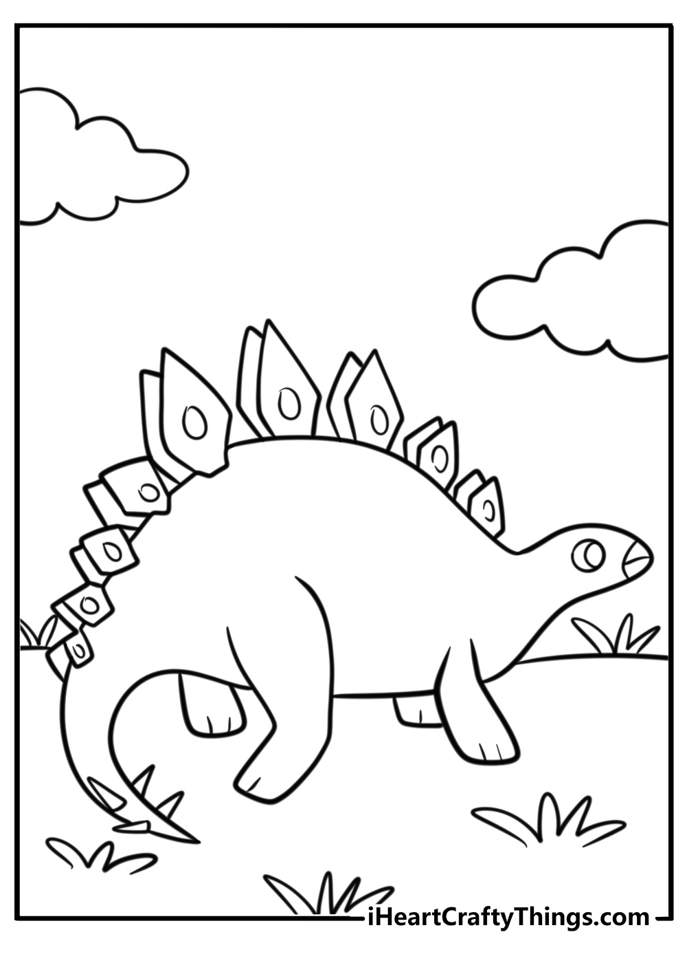 Stegosaurus walking through a forest printable coloring sheet