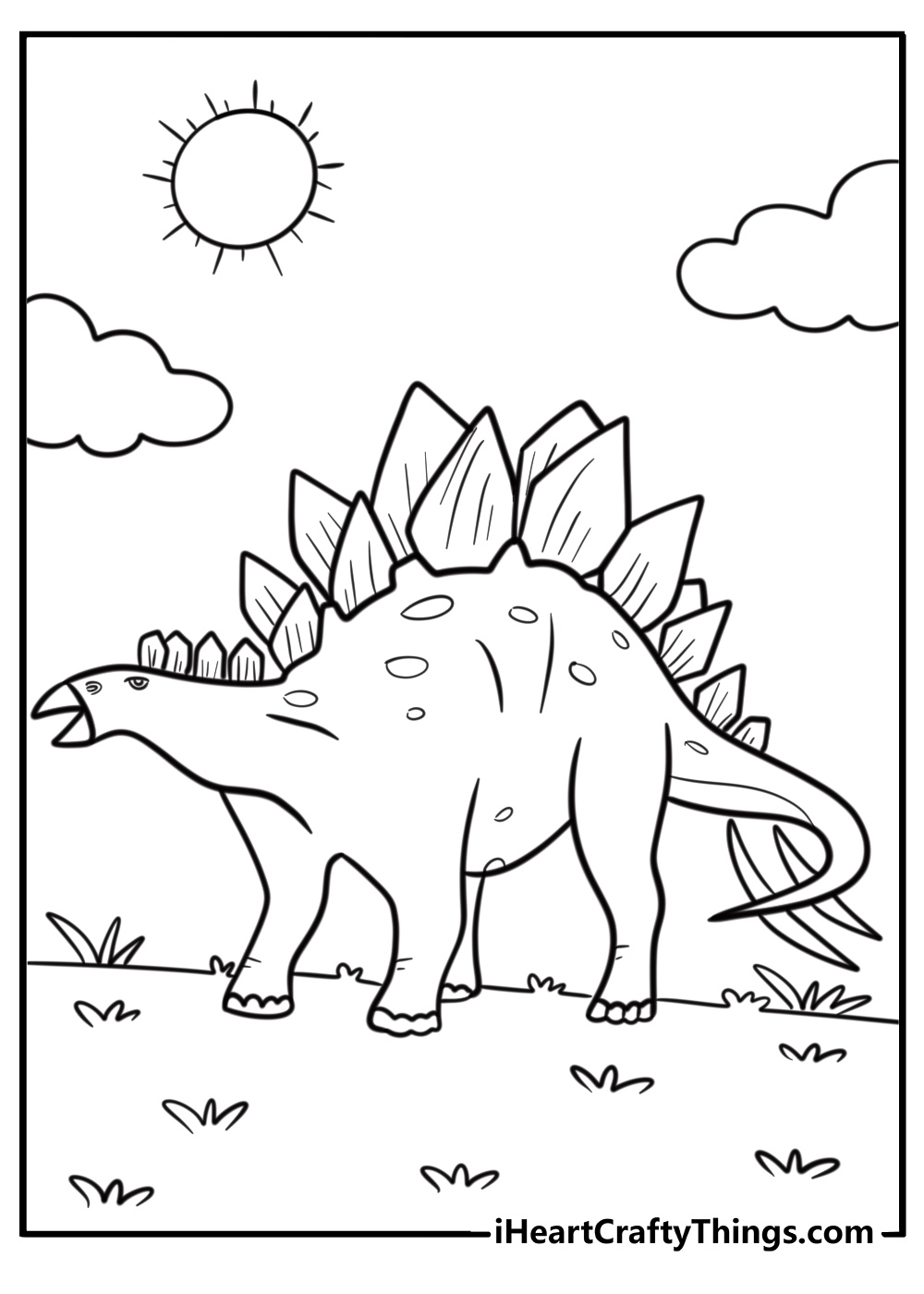 Stegosaurus walking under a sunny sky free coloring page