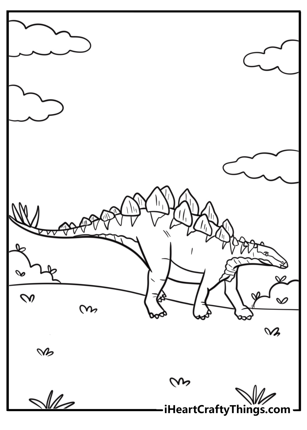 Stegosaurus with long tail swinging coloring page for kids