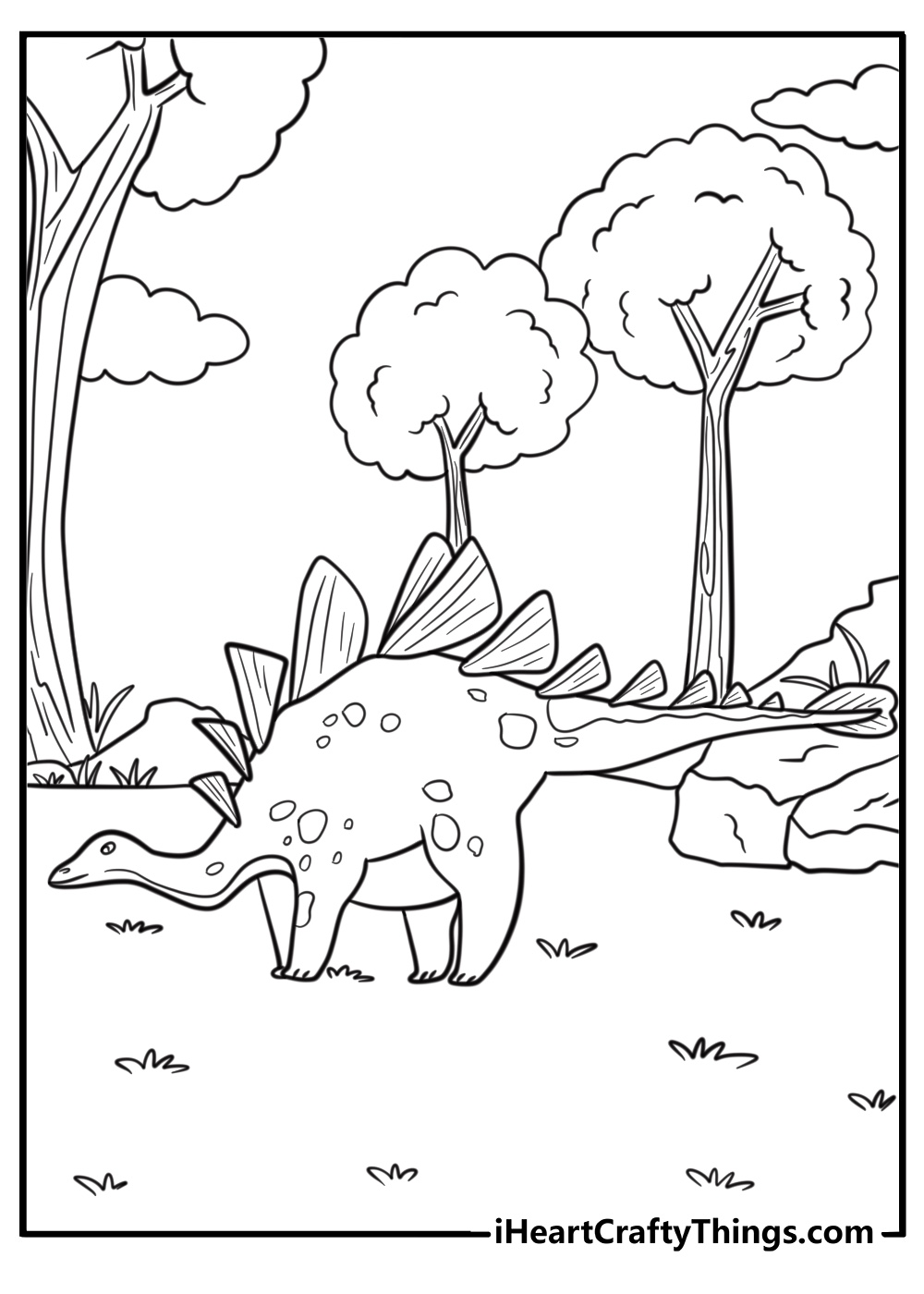 Stegosaurus with trees and ferns detailed coloring sheet