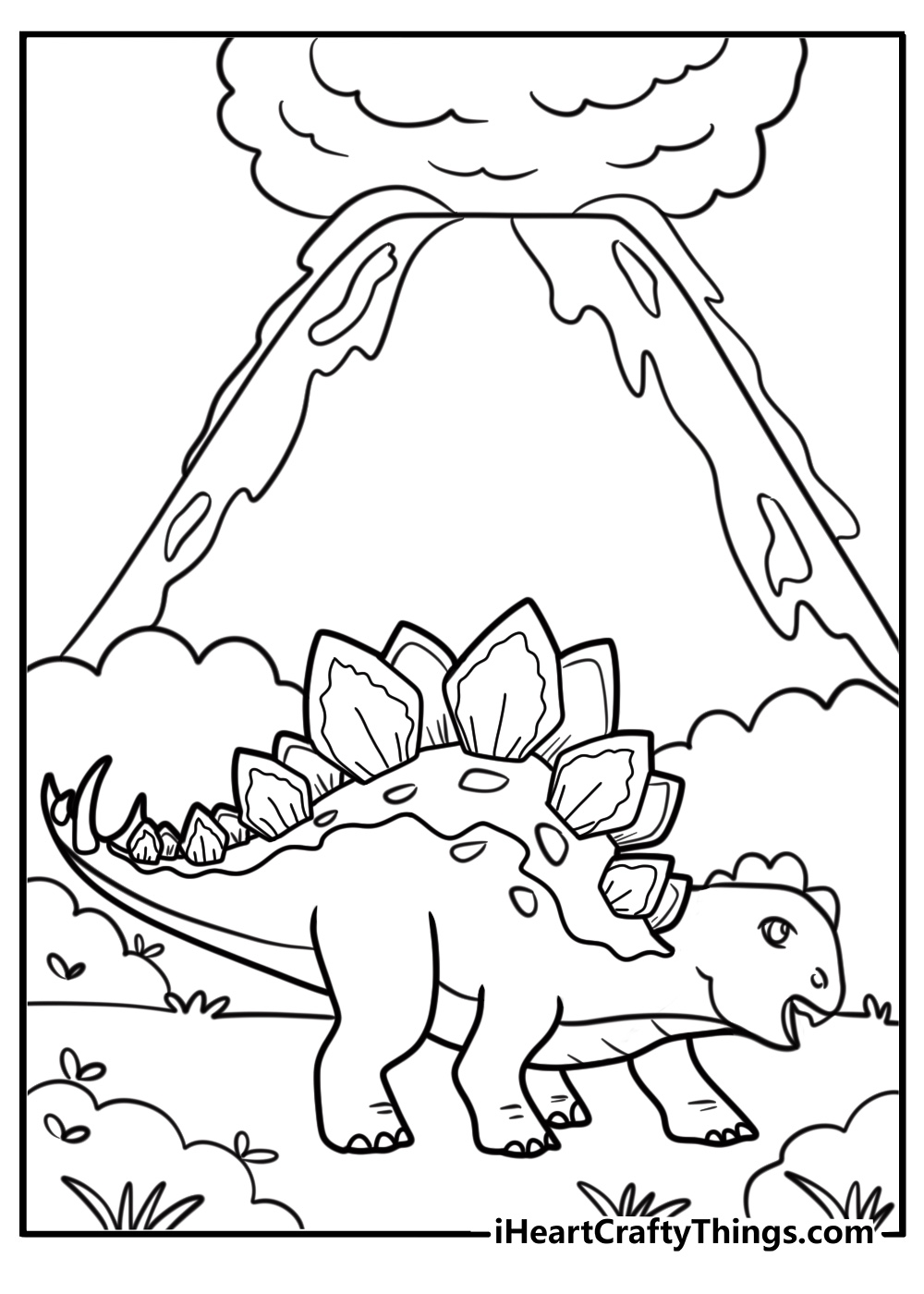 Stegosaurus with volcano in the background detailed coloring sheet