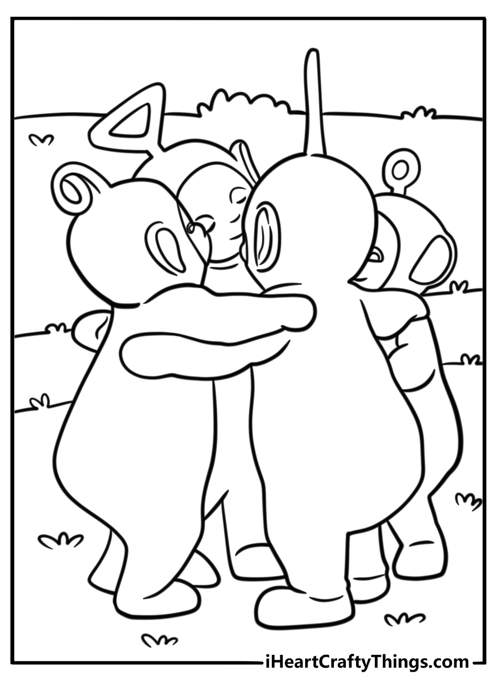 Teletubbies celebrating with a big hug detailed coloring sheet