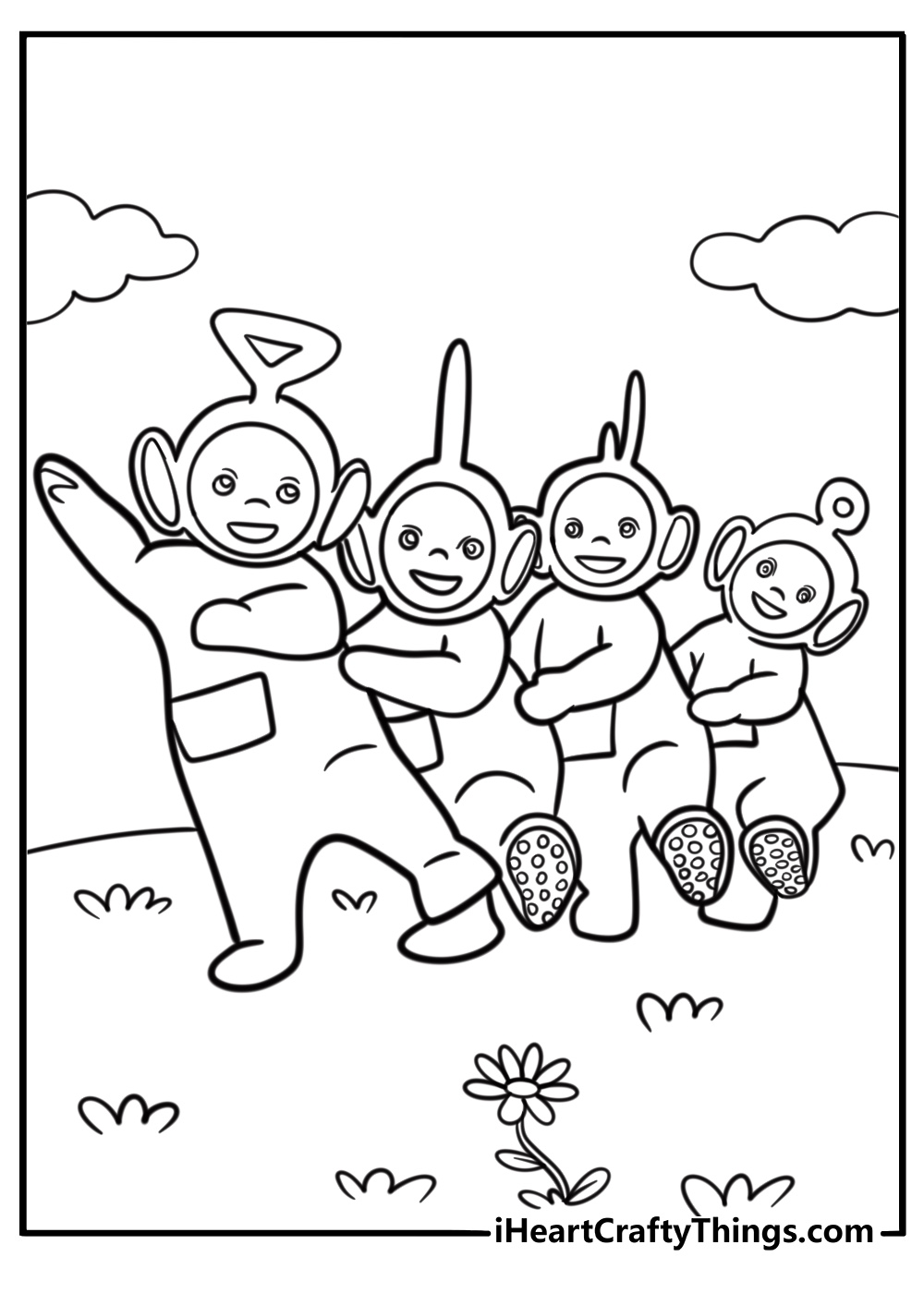 Teletubbies dancing in the green hills free printable coloring page