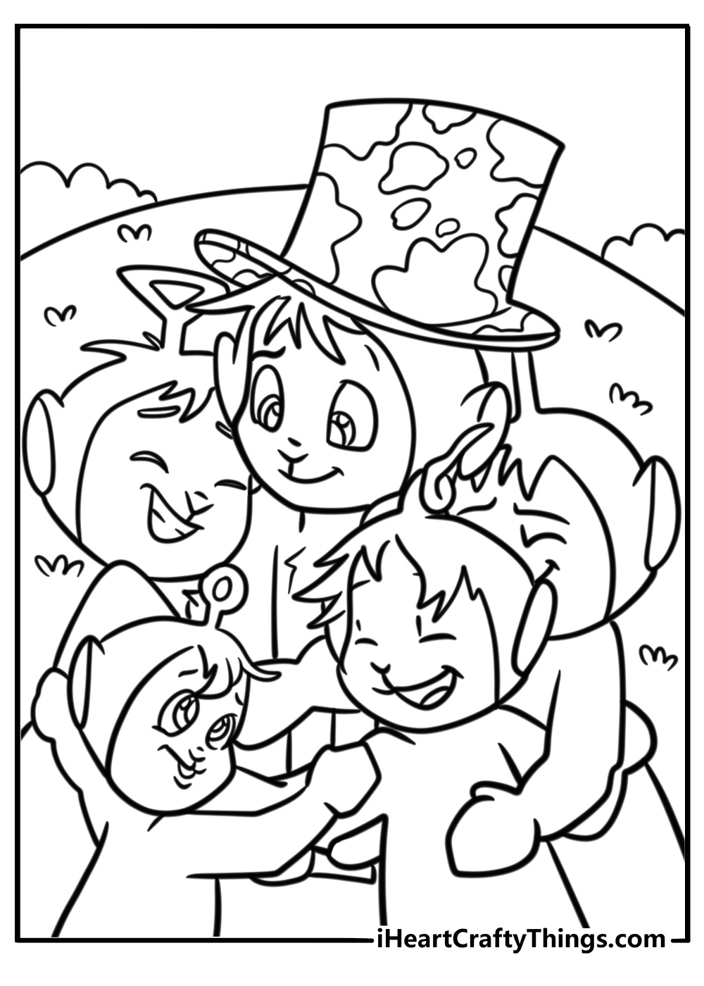 Teletubbies hugging and laughing coloring page for kids