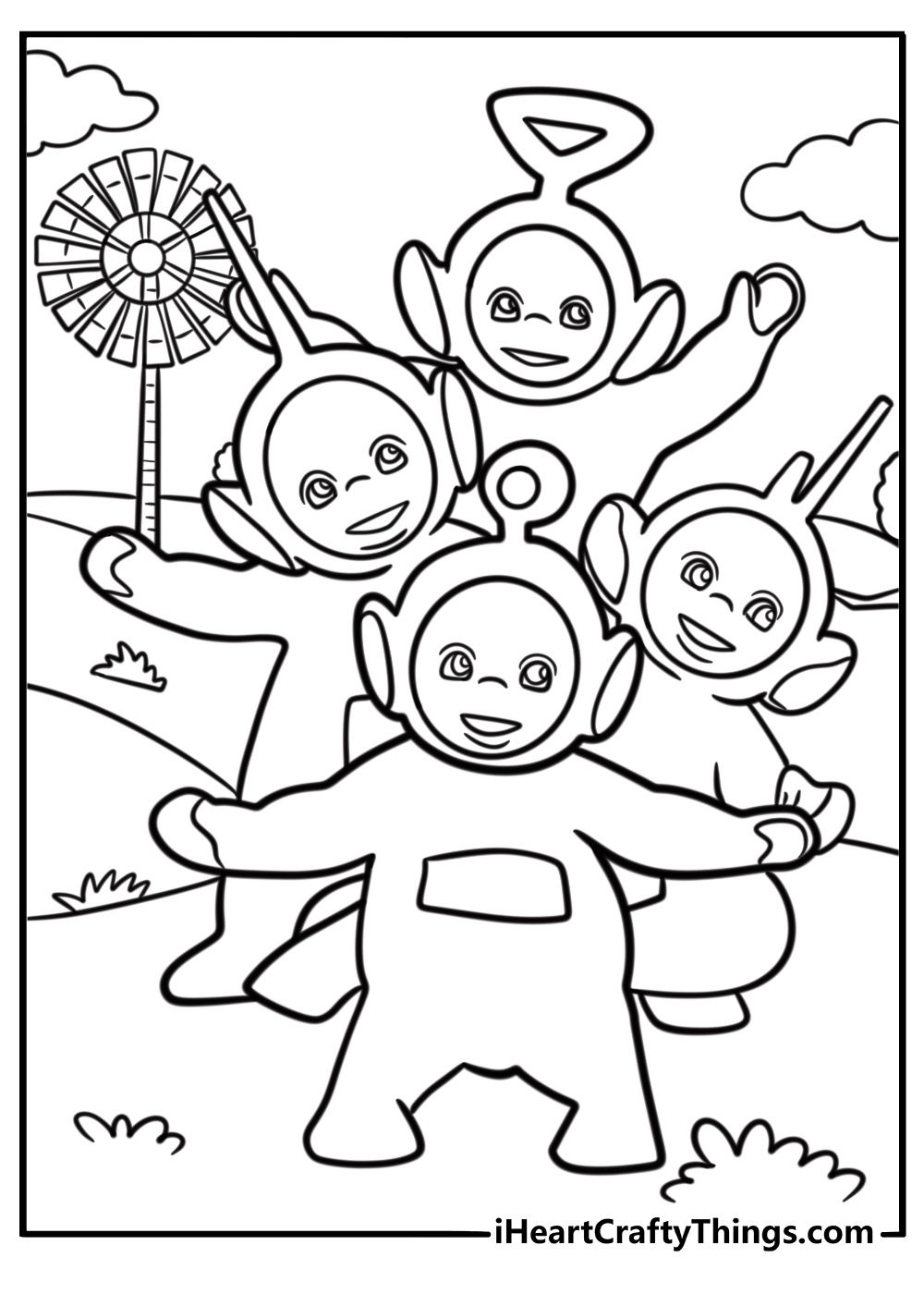 Teletubbies looking up at the magical windmill free printable coloring page