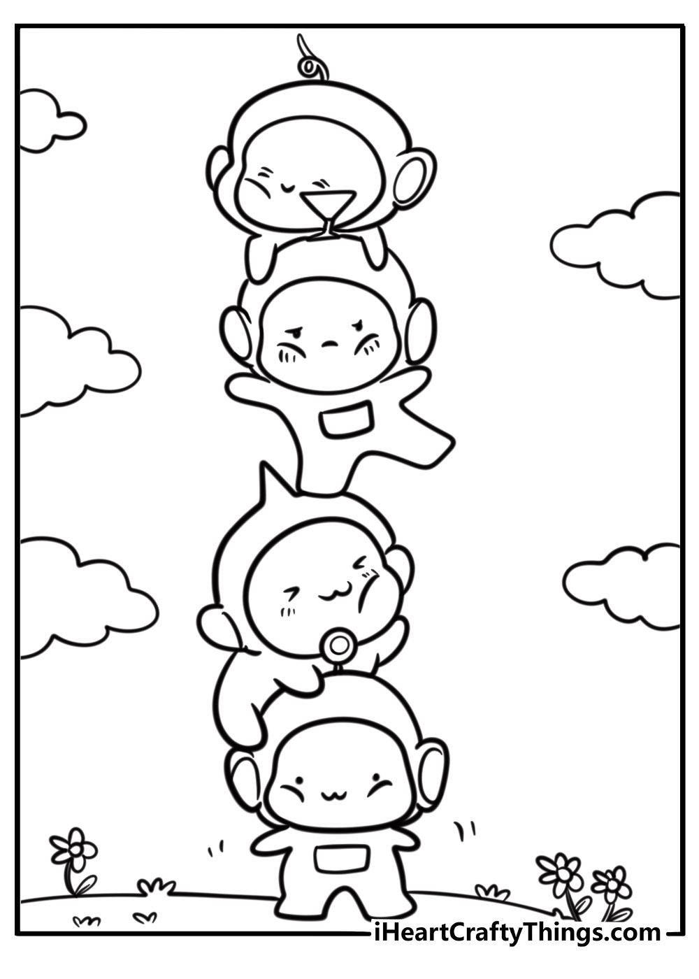 Teletubbies peeking out of their home detailed coloring sheet