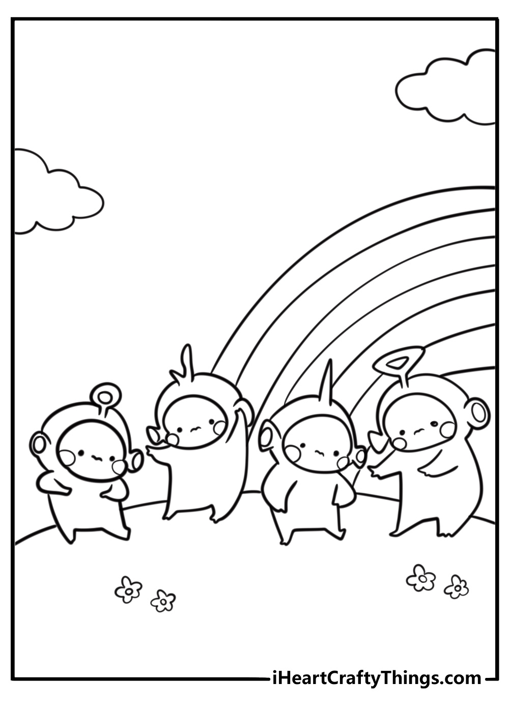 Teletubbies playing in a field of flowers free coloring page pdf