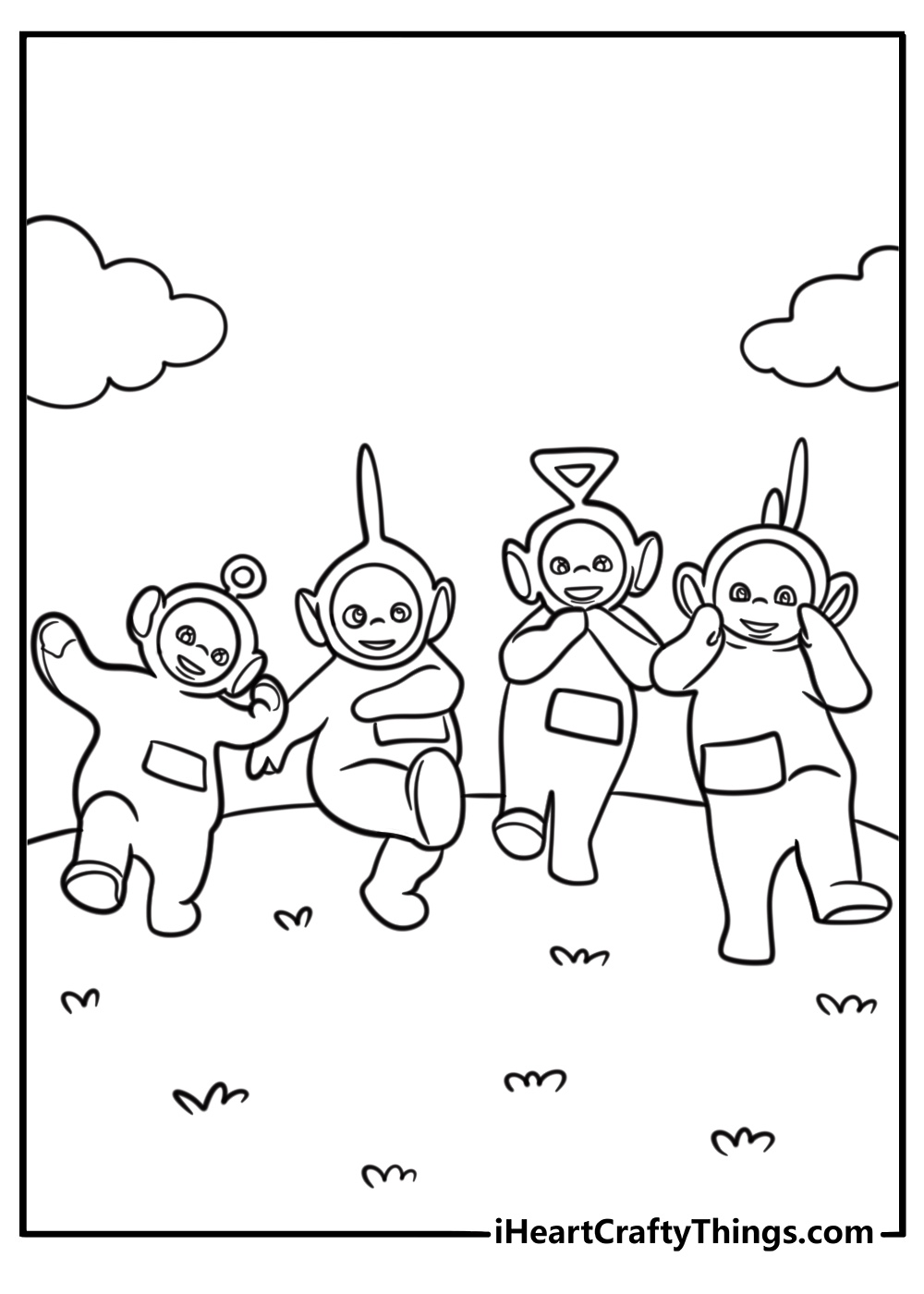 Teletubbies playing together detailed coloring sheet