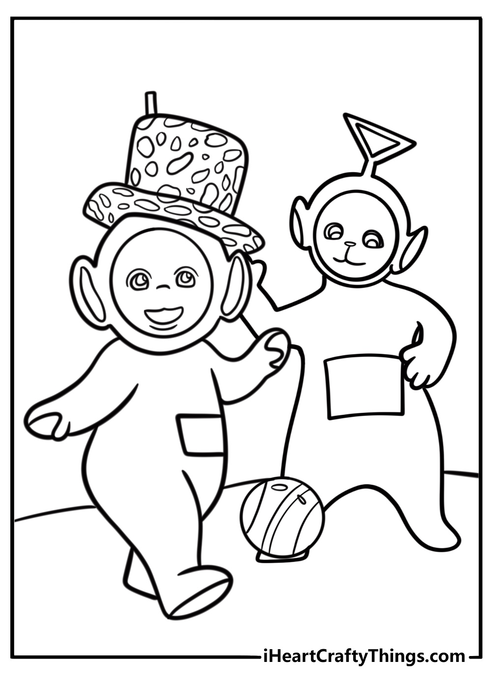 Teletubbies playing with a ball fun printable coloring sheet