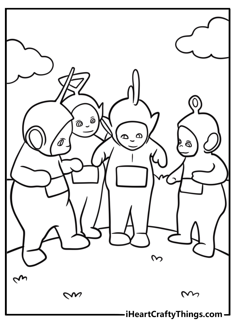 Teletubbies watching their tummy screen coloring page for kids