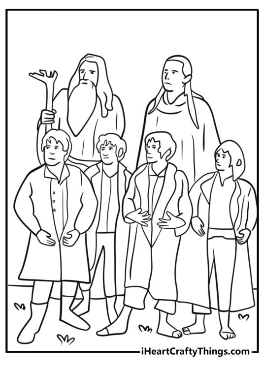 The Fellowship of the Ring standing together coloring page