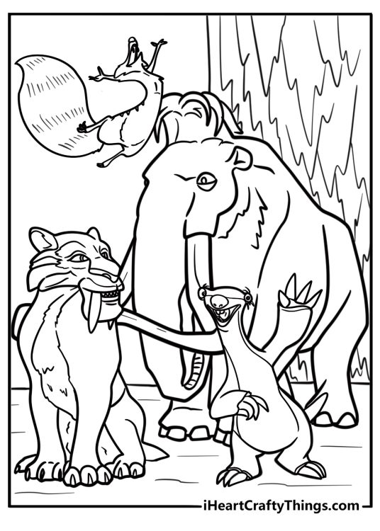 The ice age herd gathered near a frozen waterfall detailed coloring sheet