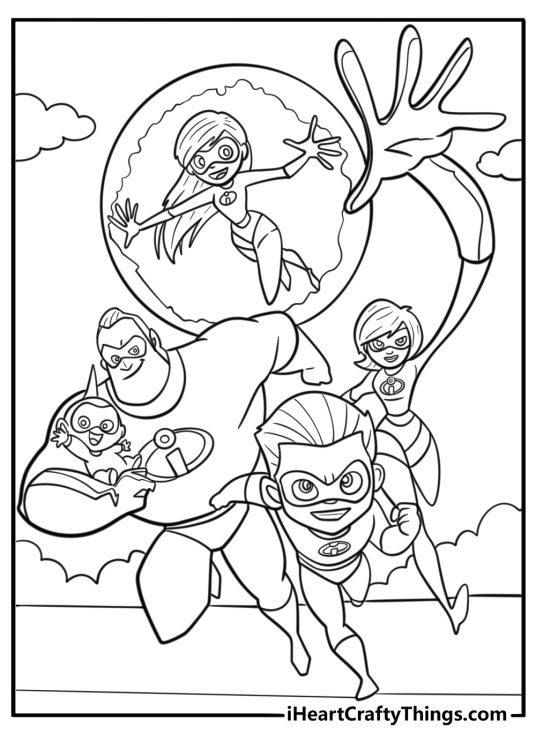 The incredibles family in their superhero suits fun coloring sheet